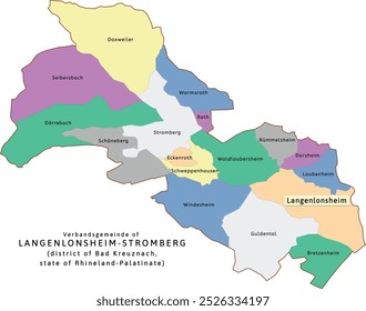 Langenlonsheim-Stromberg verbandsgemeinde map of Bad Kreuznach district Rhineland-Palatinate state in Germany. Vectored. Retro colors