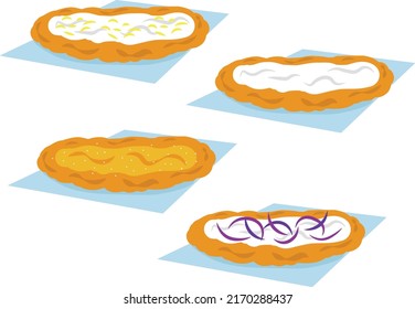 Langos hungarian retro street food with sour cream, cheese, onion, garlic. fried flatbread vector icon set