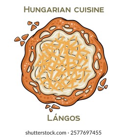 Langos is a traditional Hungarian street food consisting of deep-fried dough topped with sour cream, cheese, and sometimes garlic or bacon.