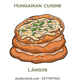 Langos is a traditional Hungarian street food consisting of deep-fried dough topped with sour cream, cheese, and sometimes garlic or bacon.