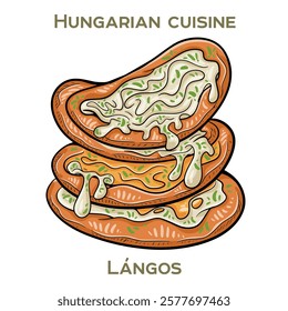 Langos is a traditional Hungarian street food consisting of deep-fried dough topped with sour cream, cheese, and sometimes garlic or bacon.