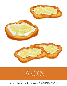 Langos vector illustration. Traditional national Hungarian dish, European street food illustration. Detailed icon of langos with cheese isolated on white background. Street food menu template.