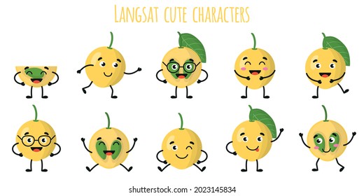 Langsat fruit cute funny cheerful characters with different poses and emotions. Natural vitamin antioxidant detox food collection. Vector cartoon isolated illustration. Children concept.