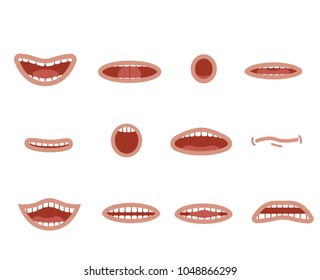 Language Accent.Cartoon Mouths Set.Smile. Funny Cartoon Mouths Set With Expression.Smile Teeth, Surprised.Cartoon Talking Mouth And Lips Vector Animations Poses.faces Comic Accent Scream Language 