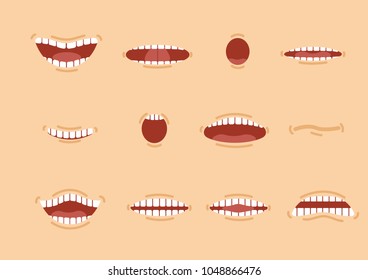 Language Accent.Cartoon Skin Color Mouths Set.Smile.Funny Cartoon Mouth Set With Different Expression.Smile With Teeth,tongue, Surprised.lips Animation.faces Comic Accent Scream Language 