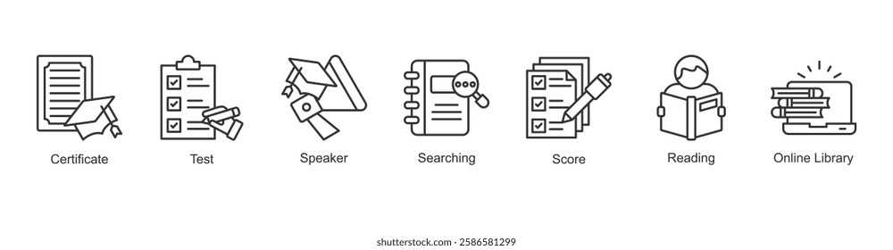 Language Acquisition Icon Certificate, Test, Speaker, Searching, Score, Reading, Online Library