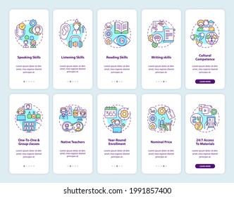 Language Acquisition Onboarding Mobile App Page Screen With Concepts Set. Language Learning Online Courses Walkthrough 5 Steps Graphic Instructions. UI Vector Template With RGB Color Illustrations