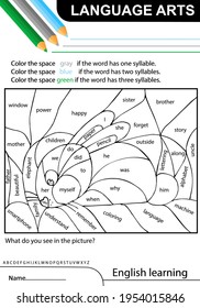 Language arts. English learning. Bunny. Rabbit. Task coloring the space if the word has one, two, three syllables. Worksheet at school, home. Hand drawn sketch. Vector illustration.