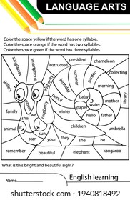 Language arts. English learning. Snail. Task coloring the space if the word has one, two, three syllables. Worksheet at school, home. Vector illustration.