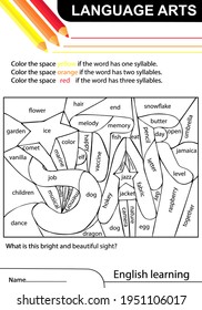 Language arts. English learning. Star. Task coloring the space if the word has one, two, three syllables. Worksheet. Hand drawn sketch vector illustration