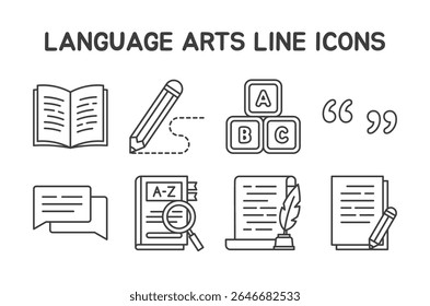 Language Arts Icons Set featuring 8 editable line icons in a clean, outline style. Perfect for use in educational materials, language learning apps, digital planners, and classroom resources.
