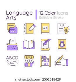 Language arts RGB color icons set. School subject. Writing and reading skills. Literature. English grammar. Isolated vector illustrations. Simple filled line drawings collection. Editable stroke