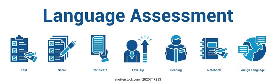Language Assessment web banner icon set vector illustration concept for business with icon of Test, Score, Certificate, Level Up, Reading, Notebo.