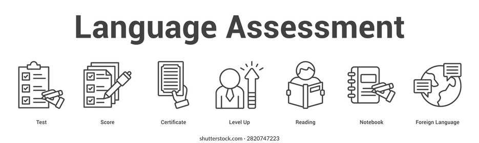 Language Assessment web banner icon set vector illustration concept for business with icon of Test, Score, Certificate, Level Up, Reading, Notebo.