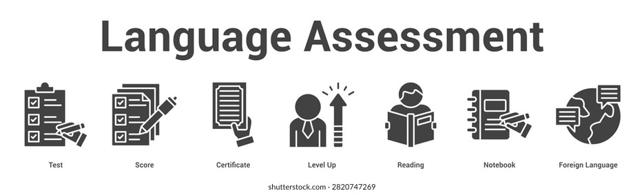 Language Assessment web banner icon set vector illustration concept for business with icon of Test, Score, Certificate, Level Up, Reading, Notebo.
