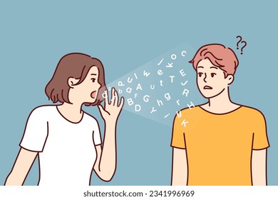 Language barrier between woman and man experiencing communication problems and standing near latin letters. Puzzled guy does not understand talking girl because of language barrier.