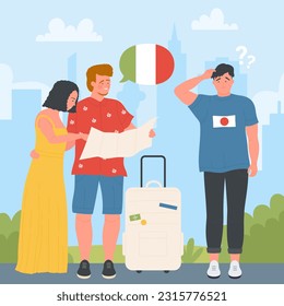 Language barrier and poor communication during travel vector illustration. Cartoon foreign couple of tourists with suitcase holding map, local guy with question marks in speech bubble misunderstanding