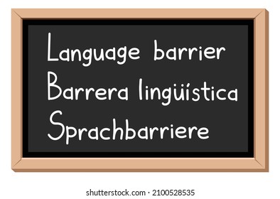 language barrier writen on blackboard in english, spanish and german, vector illustration 