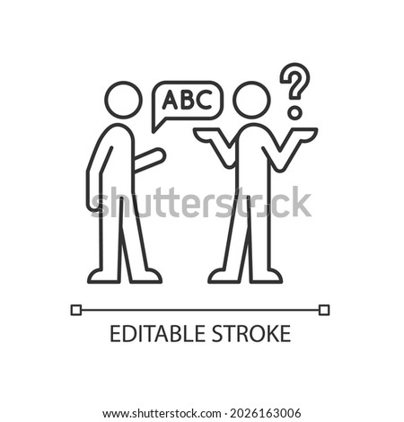 Language barriers linear icon. Breakdown in communication. Speaking different languages, dialects. Thin line customizable illustration. Contour symbol. Vector isolated outline drawing. Editable stroke