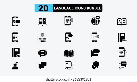 Language bundle icons. Linear icon set for translation and communication. includes translation, writing, speaking, text, language, and a dictionary.