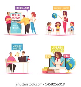 Language center concept 4 flat cartoon compositions with online training  dictionaries and children group course vector illustration  