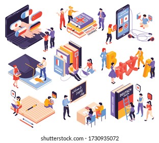 Language center courses isometric set with  classroom blackboard online programs smartphone textbooks dictionaries corporate training vector illustration 