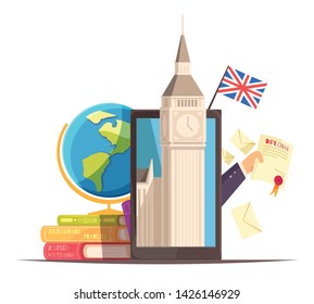 Language center online communication courses flat advertising composition with flag diploma tablet big ben dictionaries vector illustration 