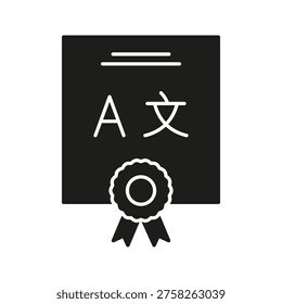 Language Certificate Solid Icon. Multilingual Proficiency And Translation Certification Silhouette Symbol. Language Skills Recognition And Achievement. Isolated Vector Illustration.