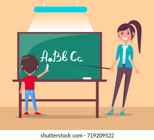 Language class in primary school banner. Boy study alphabet at lesson, teacher stands with pointer, pupil writes ABC on blackboard