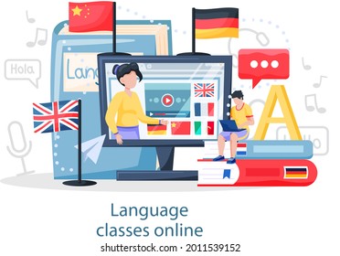 Language classes online with education platform vector banner. Foreign speech study at home using computer. Instructor leads video lesson on computer teaches students, distance classes via internet