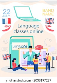 Language classes online with education platform vector banner. Foreign speech study at home using computer. Instructor leads video lesson on computer teaches students, distance tutorial via internet
