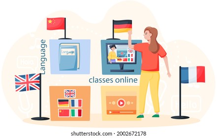 Language classes online with educational platform free education. Foreign speech study at home using computer. Instructor leads video lesson on computer teaches students distance tutorial via internet