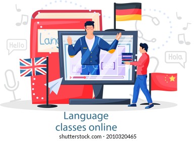 Language classes online with educational platform free education. Foreign speech study at home using computer. Students receive education remotely, modern university distance tutorial via internet