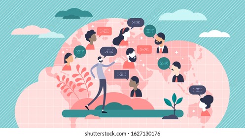 Language concept,flat tiny persons vector illustration.World wide global society population with different cultures, races language. Abstract international communication for business, travel or study. svg