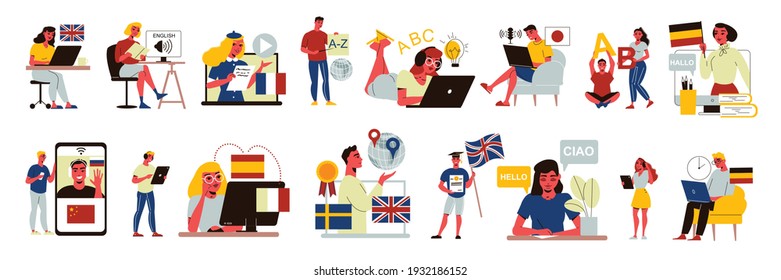 Language course center education set of isolated icons with students and tutors with gadgets and flags vector illustration