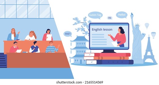 Language course flat composition with students in lection room and online teacher vector illustration