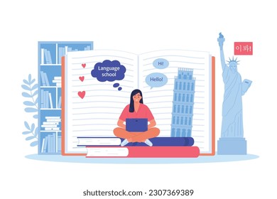 Language course flat composition with woman taking online lesson in from of open book with hello text vector illustration