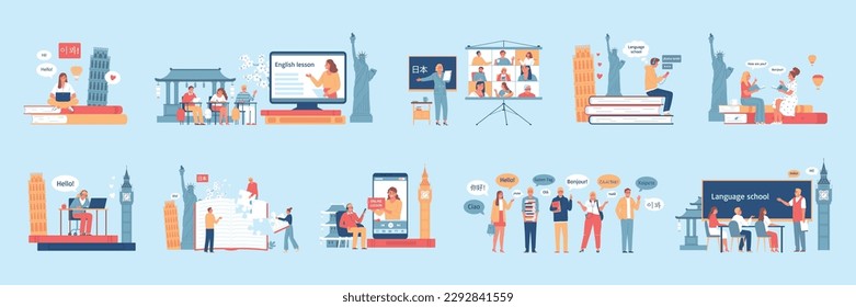 Language course flat icons set with online and offline lessons isolated vector illustration