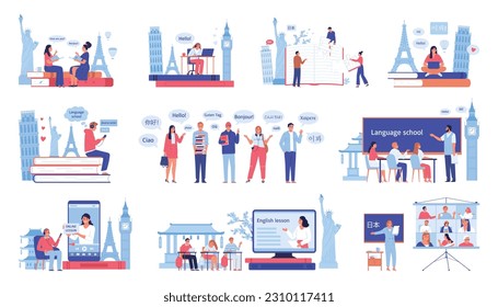 Language course set with icons of landmarks and books with human characters of students and teachers vector illustration