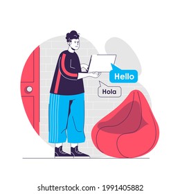 Language course web concept. Student studying on laptop, learning English online. Education people scene. Flat characters design for website. Vector illustration for social media promotional materials