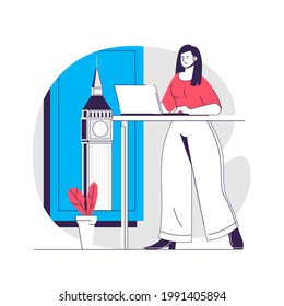 Language course web concept. Woman studying on laptop, learning English online. Education people scene. Flat characters design for website. Vector illustration for social media promotional materials