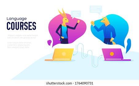 Language courses background. Modern illustration slider site page. The study of foreign languages courses concept. Foreign language course web banner. Vector image design.