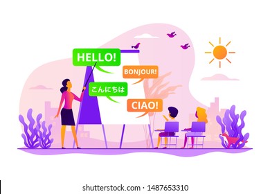 Language Courses, Classes Teacher, Native Speaker. Kids Speaking Club. Language Learning Camp, Summer Language Program, Learn Foreign Languages Concept. Vector Isolated Concept Creative Illustration