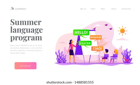 Language courses, classes teacher, native speaker. Kids speaking club. Language learning camp, summer language program, learn foreign languages concept. Website homepage header landing web page