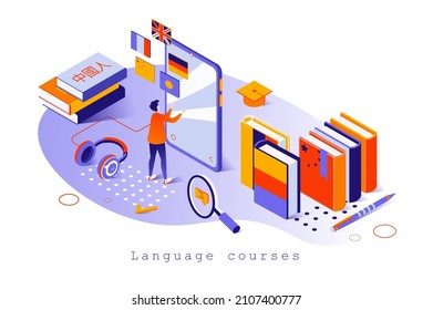 Language courses concept in 3d isometric design. Student studies foreign languages online, learns to speak and translate, reads books, web template with people scene. Vector illustration for webpage