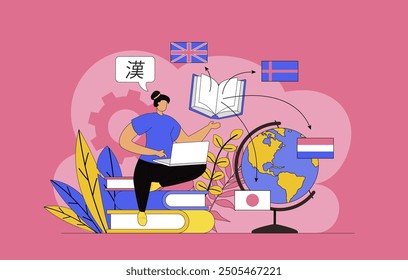 Language courses concept with modern flat design for web. Woman studies online and learning foreign languages, speaking with native speakers at international network classes. Vector illustration.
