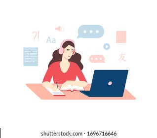 Language courses, distance education, training and courses, design concept. Female student learns a new language online with blue laptop at home. Vector flat cartoon illustration