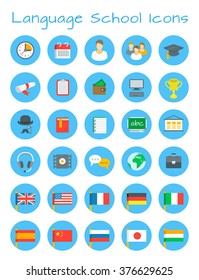 Language courses flat vector icons. International communication in different languages. Foreign speech school design elements for website. Planning, cost, equipment for individual and group lessons