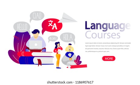 Language courses horizontal banner for your website. E-learning and modern technology concept. Education online using computer. Flat vector illustration