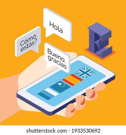 Language courses isometric background composition with learning spanish real life conversation online hand holding smartphone vector illustration